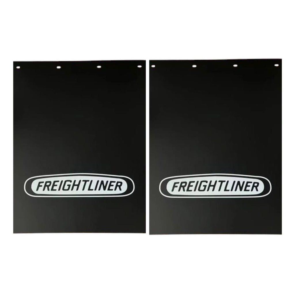Semi Truck Mud Flaps 24in x 30in Compatible with Freightliner – Black with White Logo – 21in x 5in Quarter Fender Flaps – 2 1/2in Bolt Pattern Hangers – Reflector Tape & Mounting Bolts