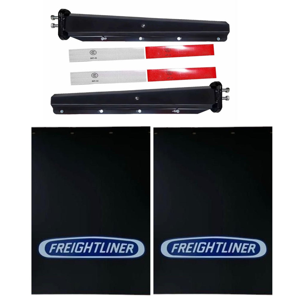 Semi Truck Mud Flaps 24in x 30in & 21in x 5in Quarter Fender Flaps – Compatible with Freightliner – Black with Blue Logo – 2 1/2in Bolt Pattern Hangers – Reflector Tape & Mounting Bolts