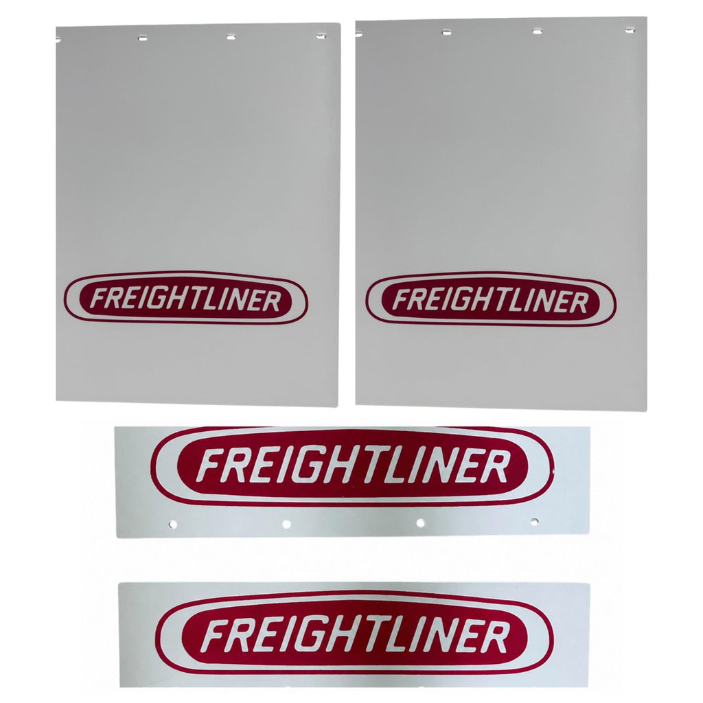 Semi Truck Mud Flaps 24in x 30in & 21in x 5in Quarter Fender Flaps – Compatible with Freightliner – White with Red Logo – 2 1/2in Bolt Pattern Hangers – Reflector Tape & Mounting Bolts