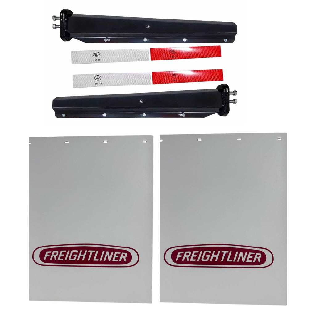 Semi Truck Mud Flaps 24in x 30in & 21in x 5in Quarter Fender Flaps – Compatible with Freightliner – White with Red Logo – 2 1/2in Bolt Pattern Hangers – Reflector Tape & Mounting Bolts