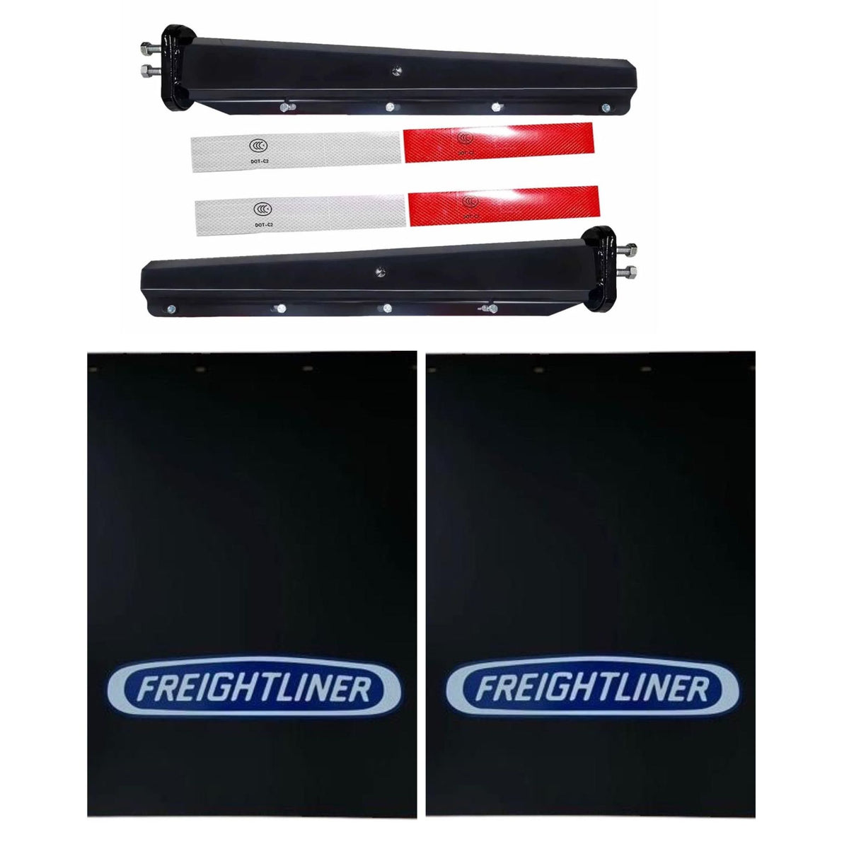Semi Truck Mud Flaps 24in x 30in Compatible with Freightliner Trucks – Black with Blue Logo – Includes Black Hangers, Reflector Tape & Mounting Bolts