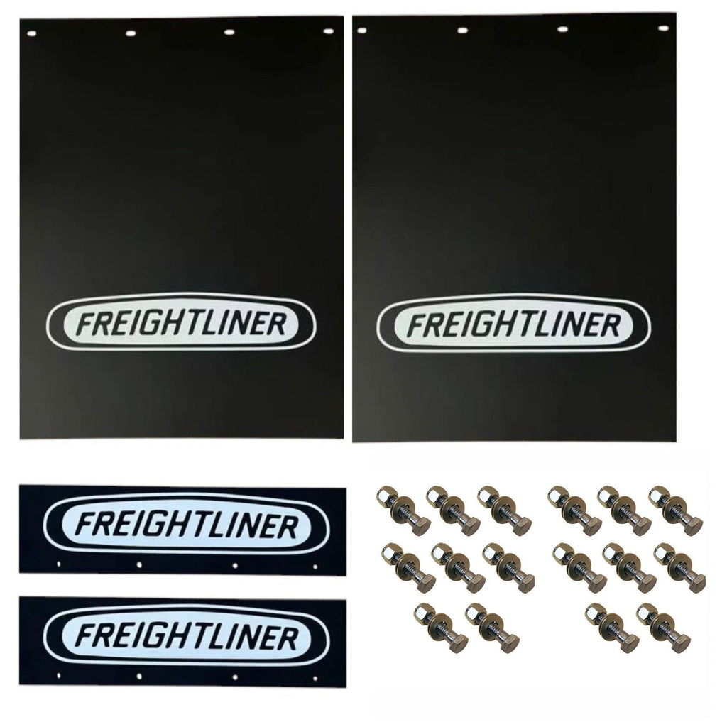 Semi Truck Mud Flaps 24in x 30in Compatible with Freightliner – Black with White Logo – Includes 21in x 5in Quarter Fender Flaps – 16 Mounting Bolts