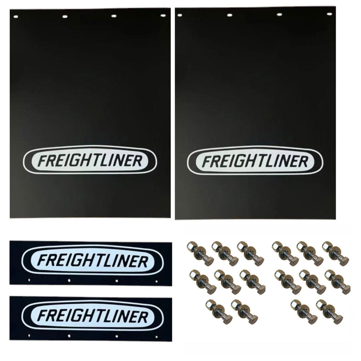Semi Truck Mud Flaps 24in x 30in Compatible with Freightliner – Black with White Logo – Includes 21in x 5in Quarter Fender Flaps – 16 Mounting Bolts