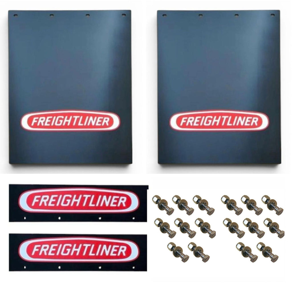 Semi Truck Mud Flaps 24in x 30in Compatible with Freightliner – Black with Red Logo – Includes 21in x 5in Quarter Fender Flaps – 16 Mounting Bolts