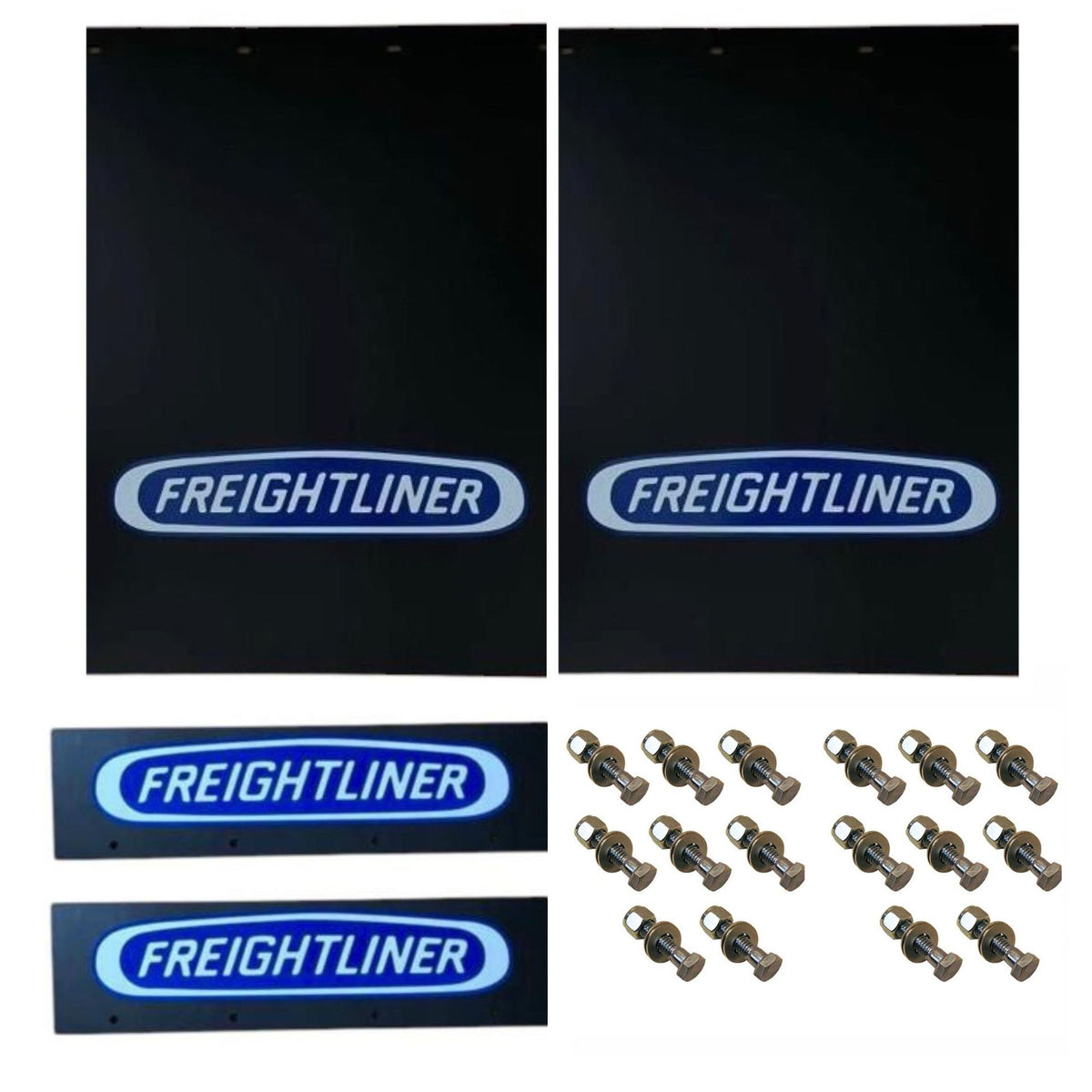 Semi Truck Mud Flaps 24in x 30in Compatible with Freightliner – Black with Blue Logo – Includes 21in x 5in Quarter Fender Flaps – 16 Mounting Bolts
