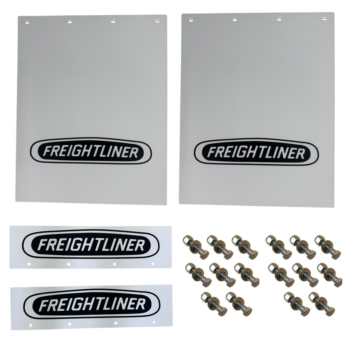 Semi Truck Mud Flaps 24in x 30in Compatible with Freightliner – White with Black Logo – Includes 21in x 5in Quarter Fender Flaps – 16 Mounting Bolts