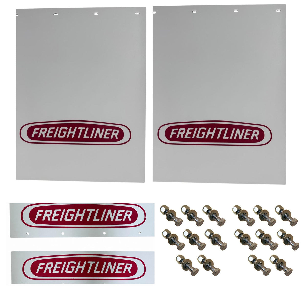 Semi Truck Mud Flaps 24in x 30in Compatible with Freightliner – White with Red Logo – Includes 21in x 5in Quarter Fender Flaps – 16 Mounting Bolts