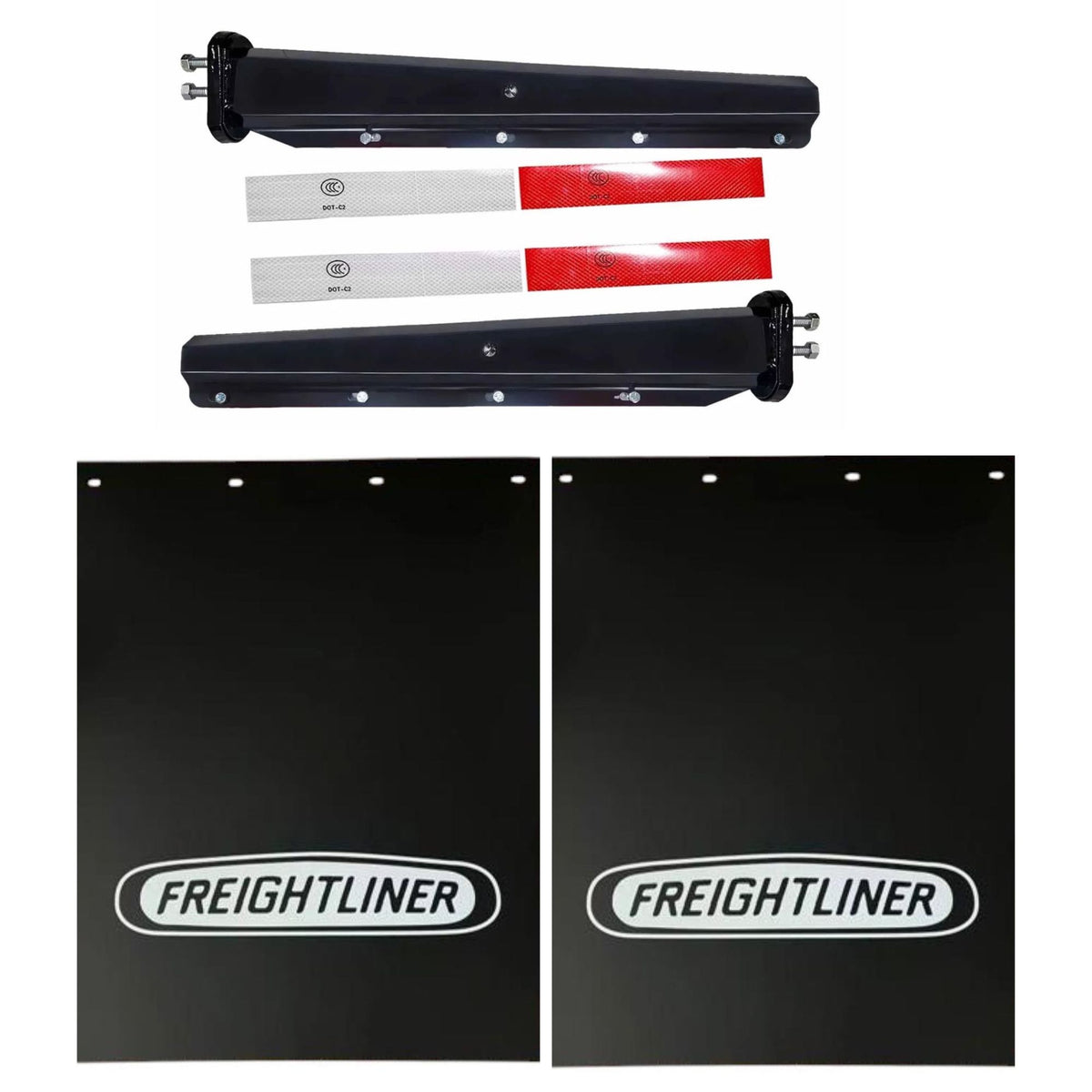Semi Truck Mud Flaps 24in x 30in Compatible with Freightliner Trucks – Black with White Logo – Includes Black Hangers, Reflector Tape & Mounting Bolts