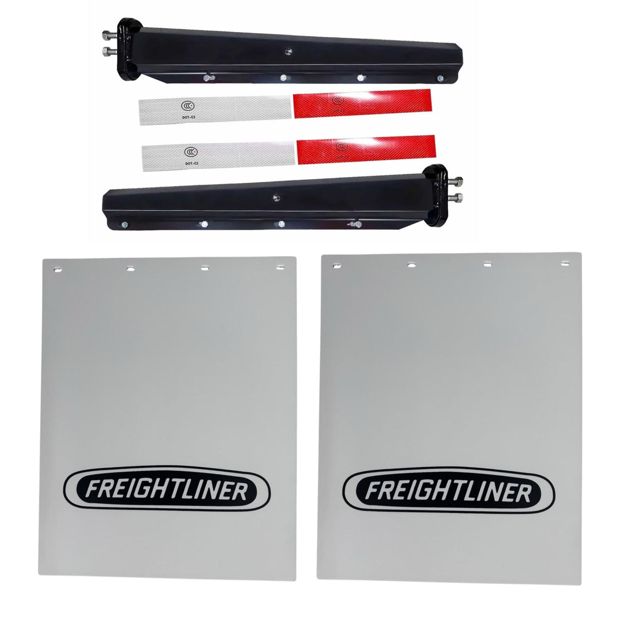 Semi Truck Mud Flaps 24in x 30in Compatible with Freightliner Trucks – White with Black Logo – Includes Black Hangers, Reflector Tape & Mounting Bolts