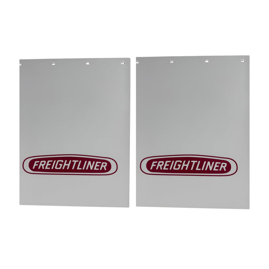Semi Truck Mud Flaps 24in x 30in Compatible with Freightliner Trucks – White with Black Logo – 2 1/2in Bolt Pattern Hangers – Includes 8 Stainless Steel Mounting Bolts