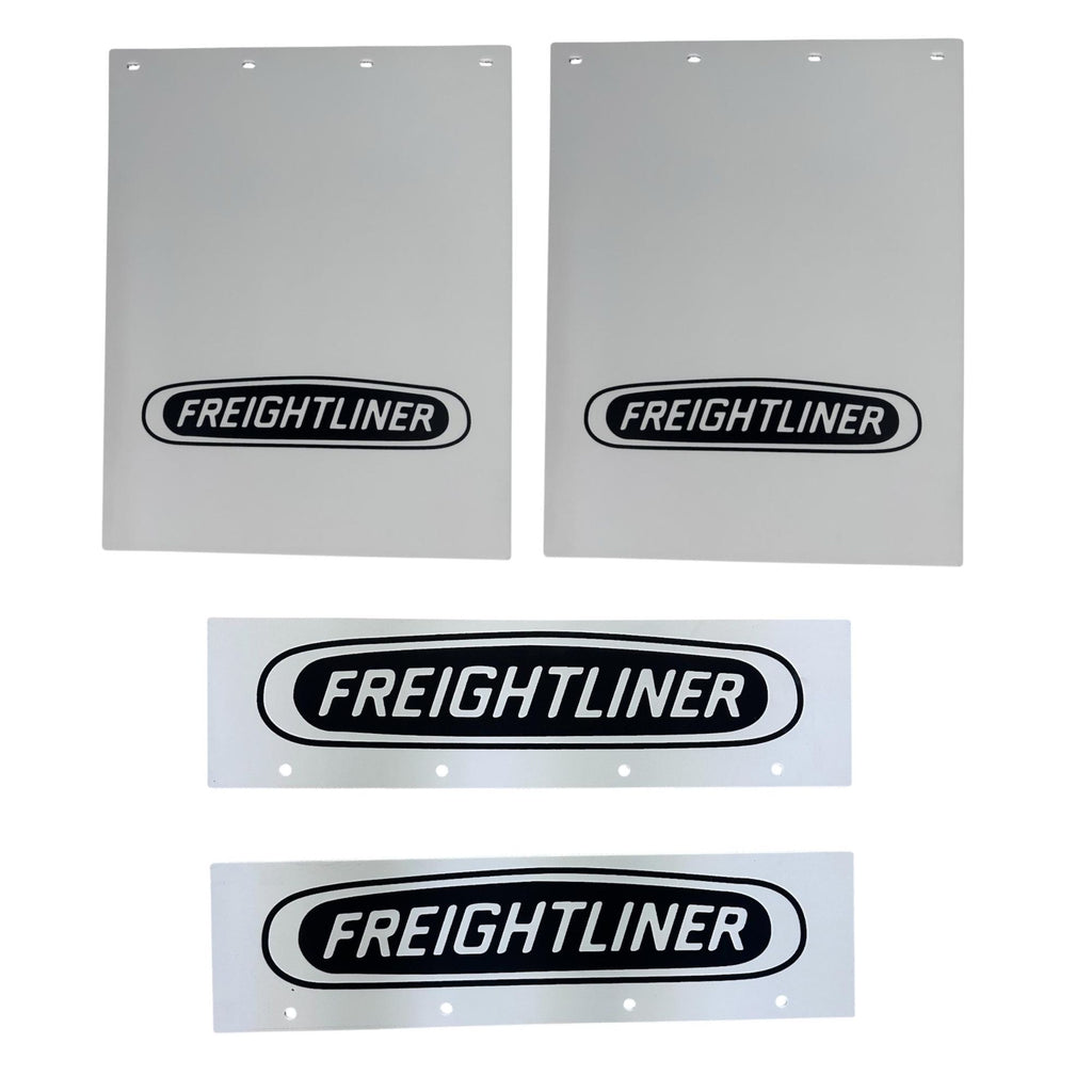 Semi Truck Mud Flaps 24in x 30in Compatible with Freightliner – White with Black Logo – Includes 21in x 5in Quarter Fender Mud Flaps – 4-Piece Set