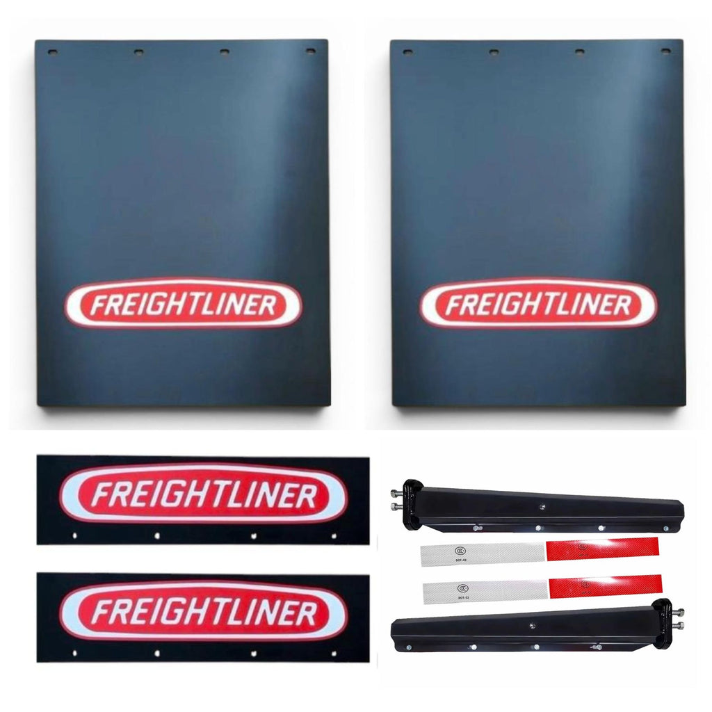 Semi Truck Mud Flaps 24in x 30in & 21in x 5in Quarter Fender Flaps – Compatible with Freightliner – Black with Red Logo – 2 1/2in Bolt Pattern Hangers – Reflector Tape & Mounting Bolts