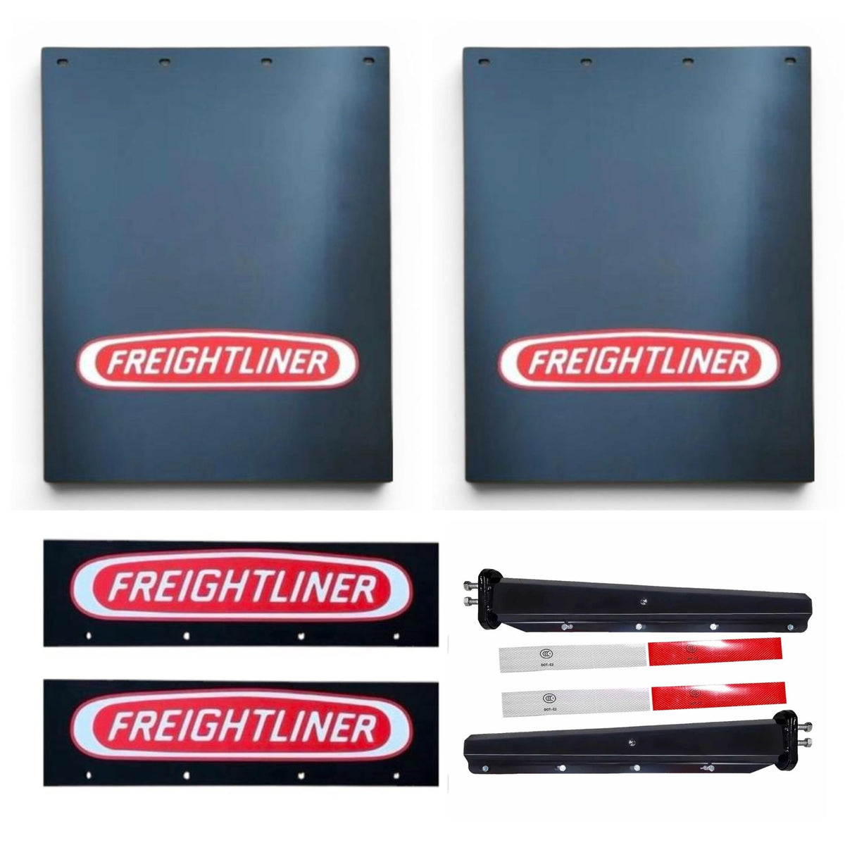 Semi Truck Mud Flaps 24in x 30in & 21in x 5in Quarter Fender Flaps – Compatible with Freightliner – Black with Red Logo – 2 1/2in Bolt Pattern Hangers – Reflector Tape & Mounting Bolts