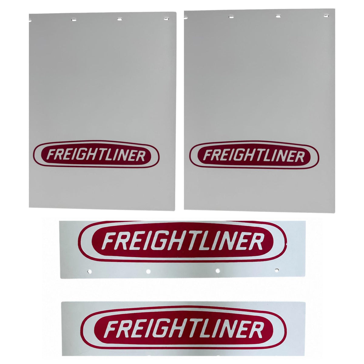 Semi Truck Mud Flaps 24in x 30in Compatible with Freightliner – White with Red Logo – Includes 21in x 5in Quarter Fender Mud Flaps – 4-Piece Set