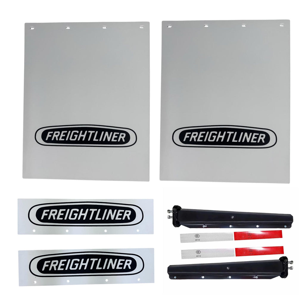 Semi Truck Mud Flaps 24in x 30in & 21in x 5in Quarter Fender Flaps – Compatible with Freightliner – White with Black Logo – 2 1/2in Bolt Pattern Hangers – Reflector Tape & Mounting Bolts