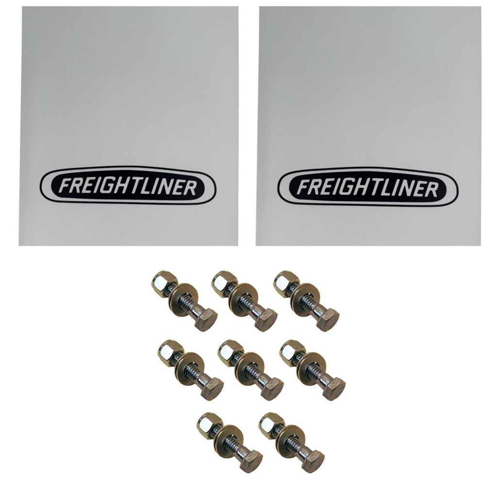Semi Truck Mud Flaps 24in x 30in Compatible with Freightliner Trucks – White with Black Logo – Includes 8 Stainless Steel Mounting Bolts