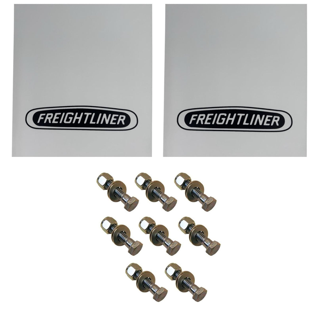Semi Truck Mud Flaps 24in x 30in Compatible with Freightliner Trucks – White with Black Logo – Includes 8 Stainless Steel Mounting Bolts