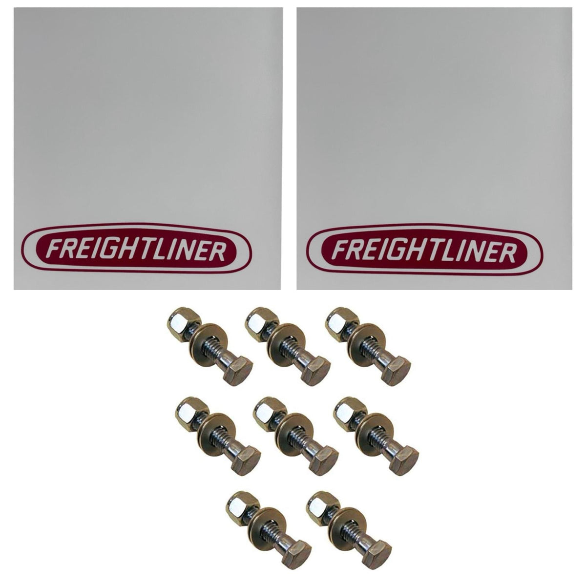 Semi Truck Mud Flaps 24in x 30in Compatible with Freightliner Trucks – White with Black Logo – 2 1/2in Bolt Pattern Hangers – Includes 8 Stainless Steel Mounting Bolts