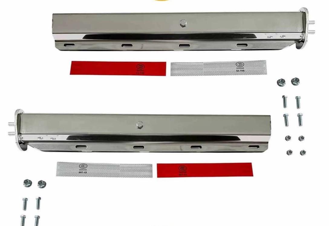 Semi Truck Chrome Mud Flap Hangers 2 1/2in Bolt Pattern Compatible with Freightliner – 24in x 30in Black with Red Logo Mud Flaps – 8 Mounting Bolts & Reflector Tape