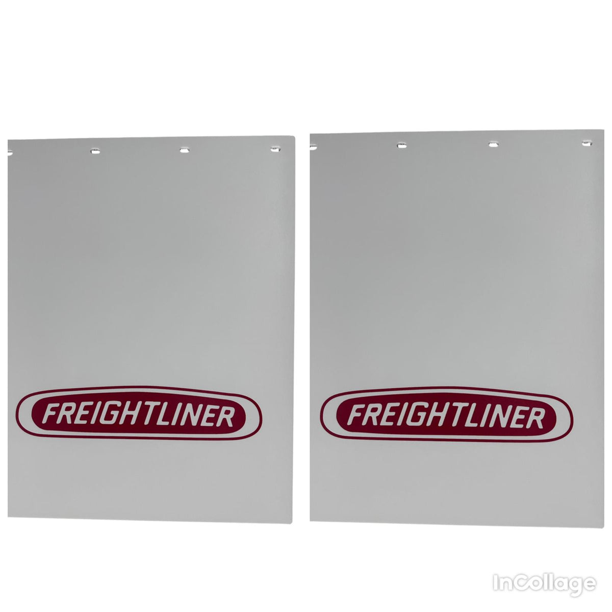 Semi Truck Mud Flaps 24in x 30in & 21in x 5in Quarter Fender Flaps – Compatible with Freightliner – White with Red Logo – 2 1/2in Bolt Pattern Hangers – Reflector Tape & Mounting Bolts
